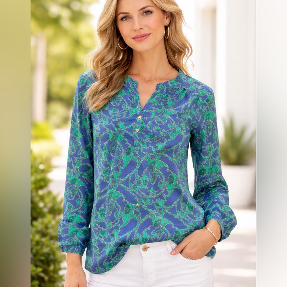 Lilly Pulitzer Women’s 100% Silk Blouse  Delray Elephant  Size S